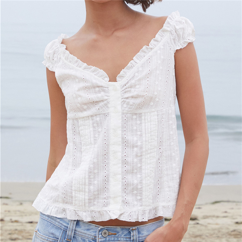 Embroidery Eyelet - Blusa Feminina Off Shoulder com Babados,