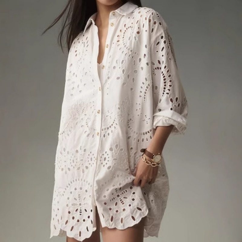 Embroidery Eyelet - Vestido Camisa Feminino Liso com Bordado
