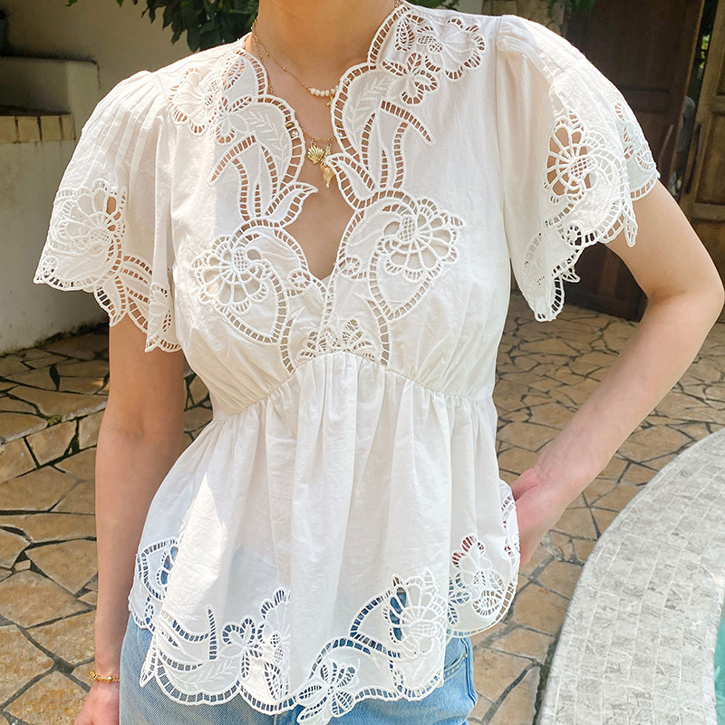 Embroidery Eyelet - Blusa Feminina Estilo Francês com Bordado