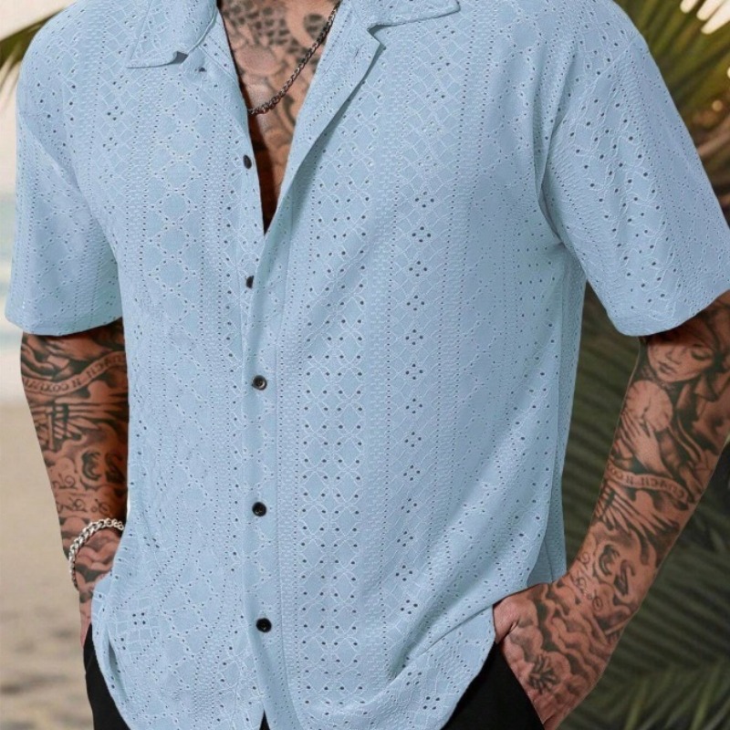 Embroidery Eyelet - Camisa masculina azul claro manga curta
