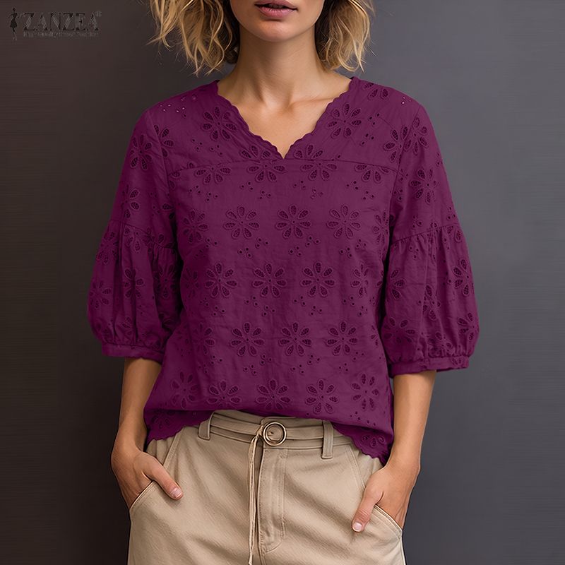 Embroidery Eyelet - ZANZEA 2026 Blusas Femininas com Bordado