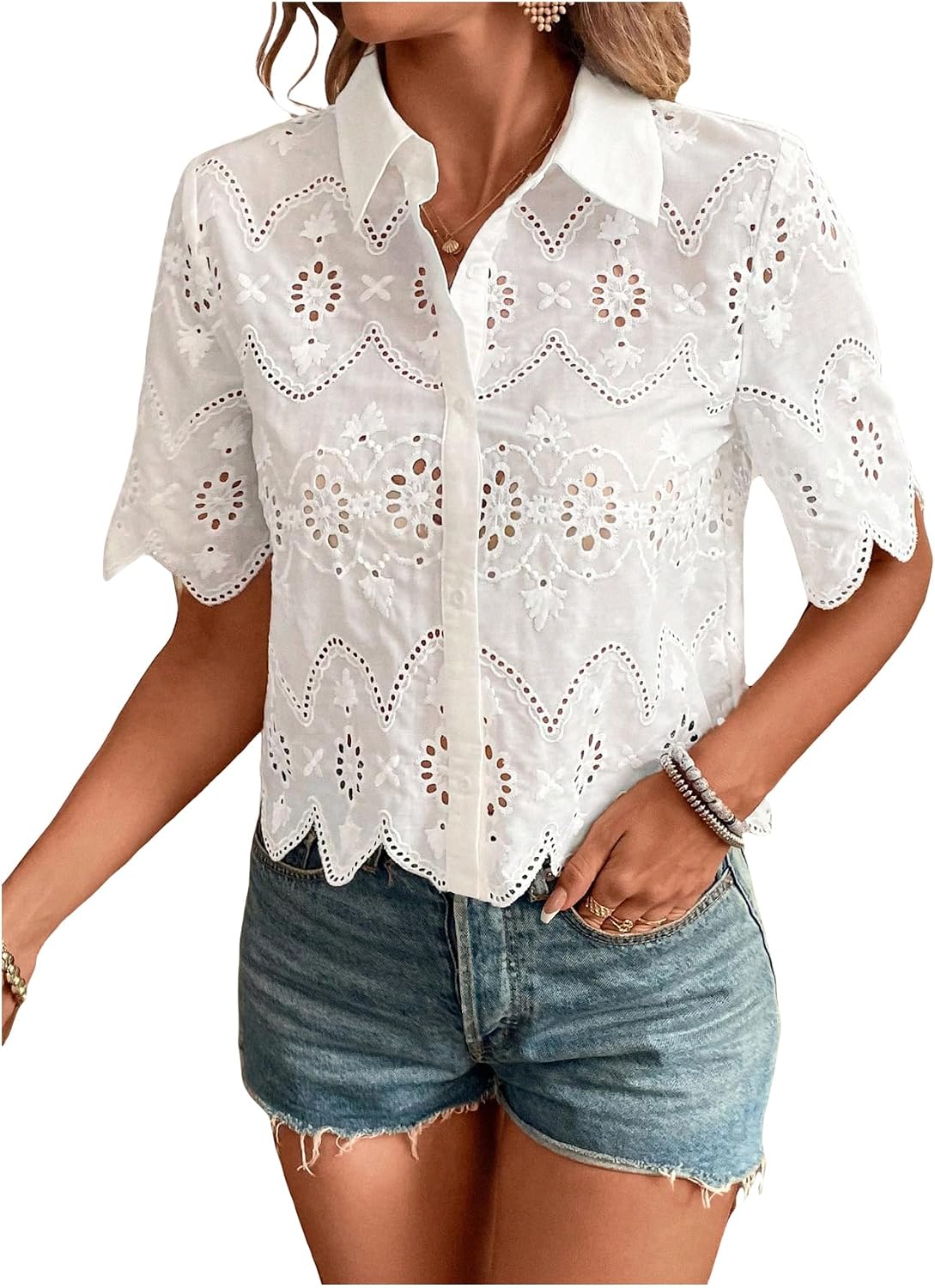 Blusas Femininas de Manga Curt - Embroidery Eyelet avaliação e preço