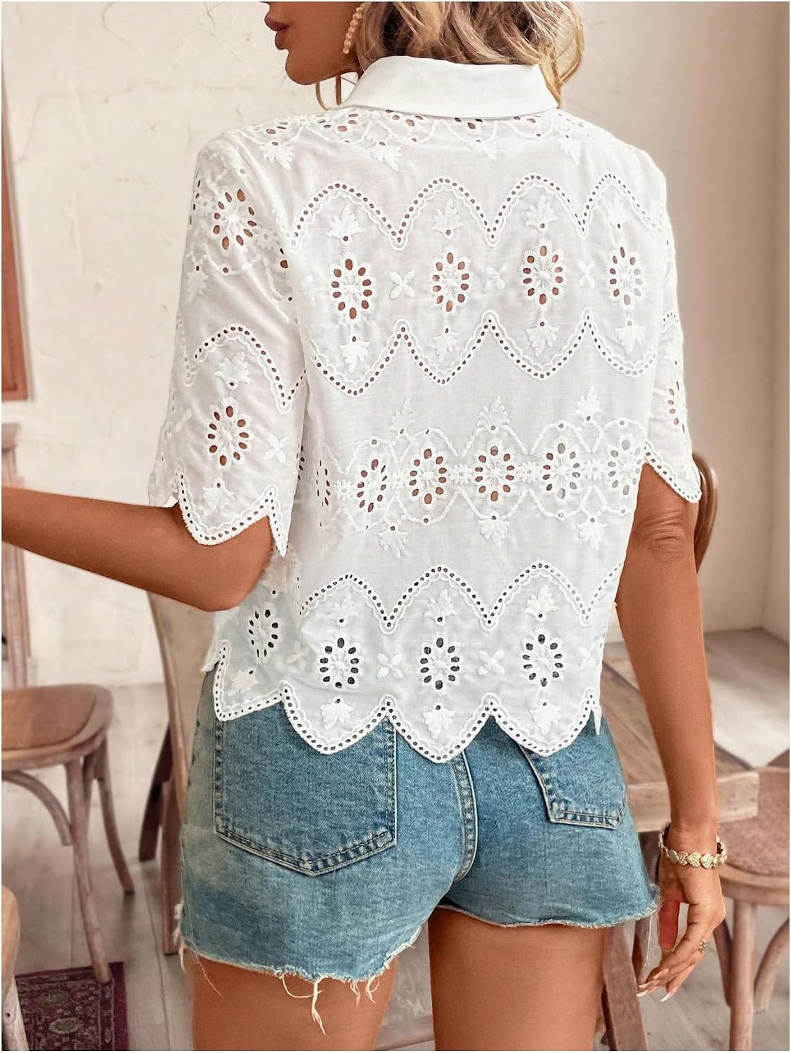 Blusas Femininas de Manga Curt - Embroidery Eyelet avaliação e preço