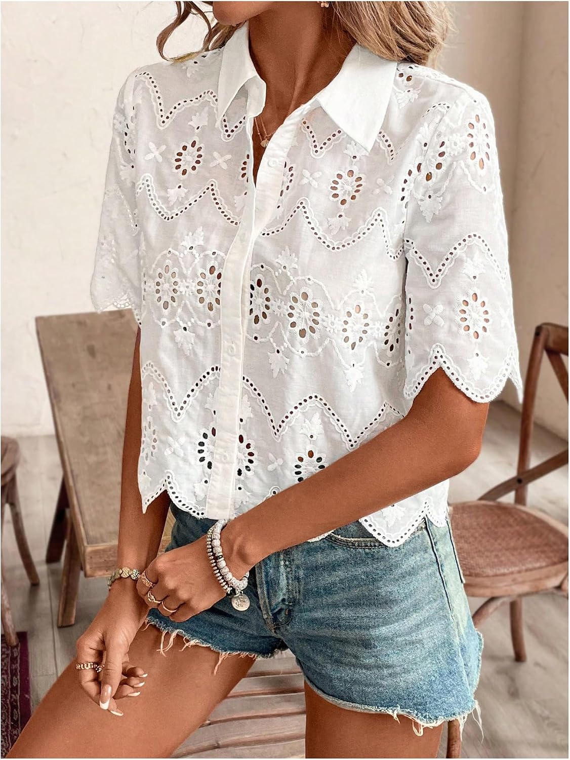 Blusas Femininas de Manga Curt - Embroidery Eyelet avaliação e preço