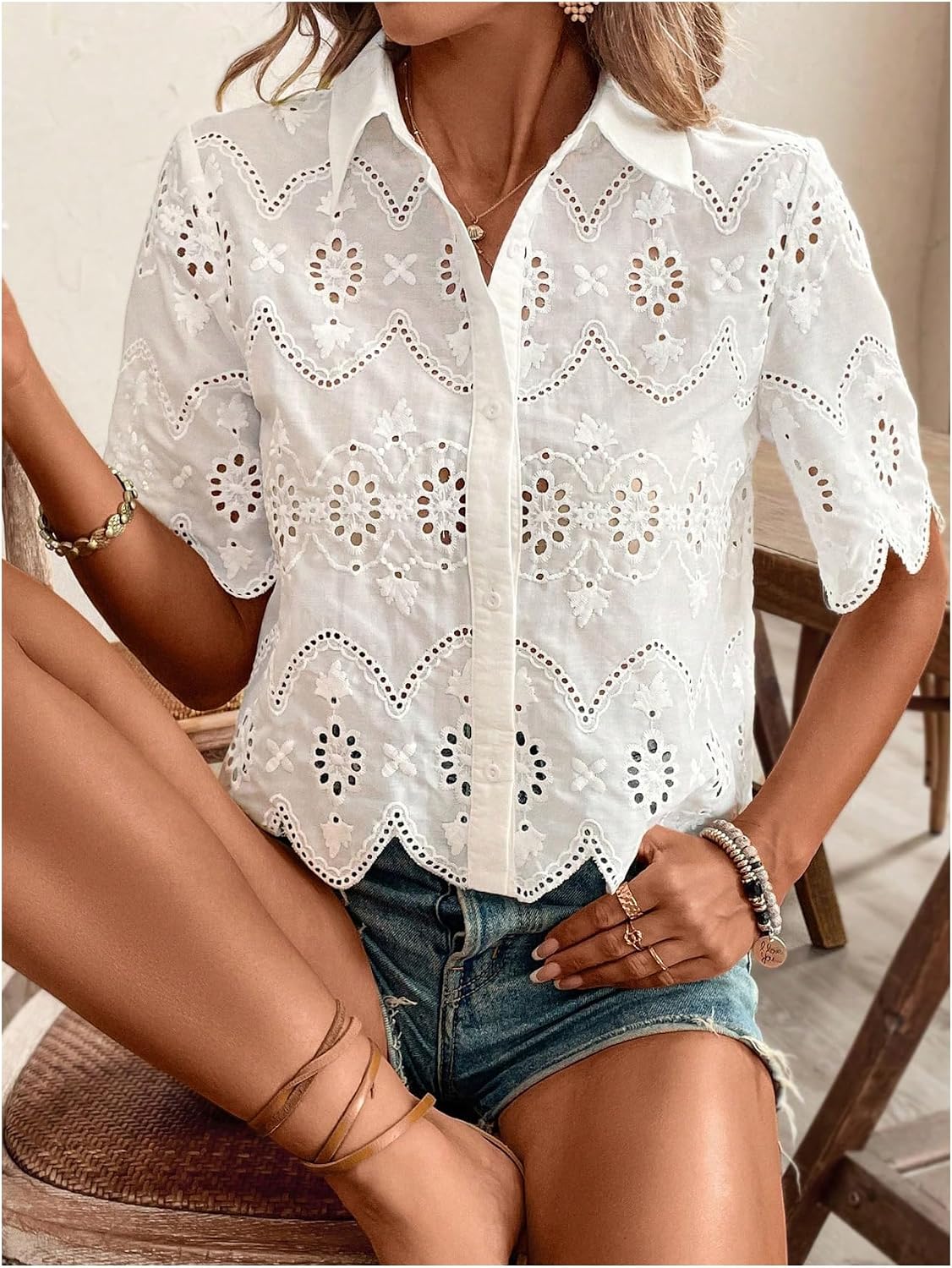 Blusas Femininas de Manga Curt - Embroidery Eyelet avaliação e preço
