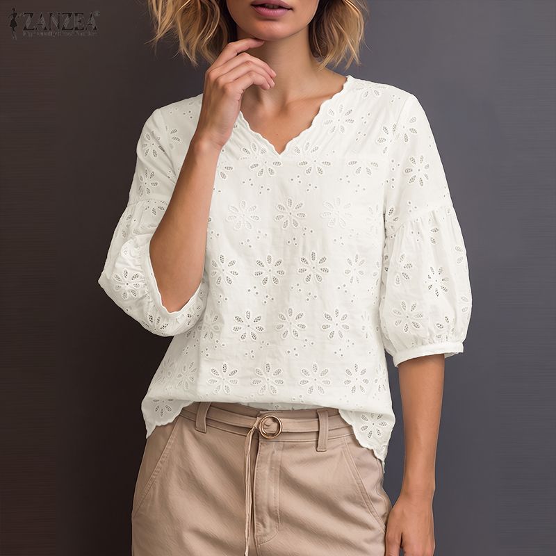 ZANZEA 2026 Blusas Femininas c - Embroidery Eyelet avaliação e preço