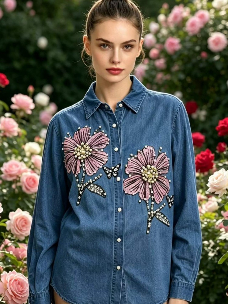 Blusas de Denim com Bordado pa - Embroidery Blouse avaliação e preço