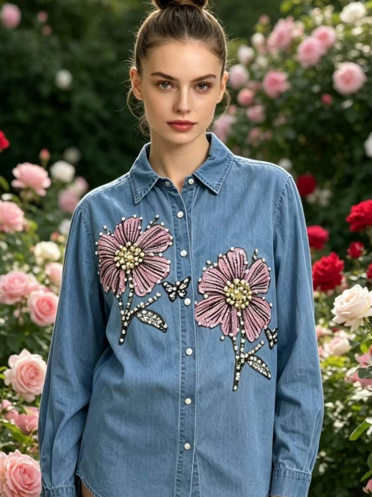 Blusas de Denim com Bordado pa - Embroidery Blouse avaliação e preço