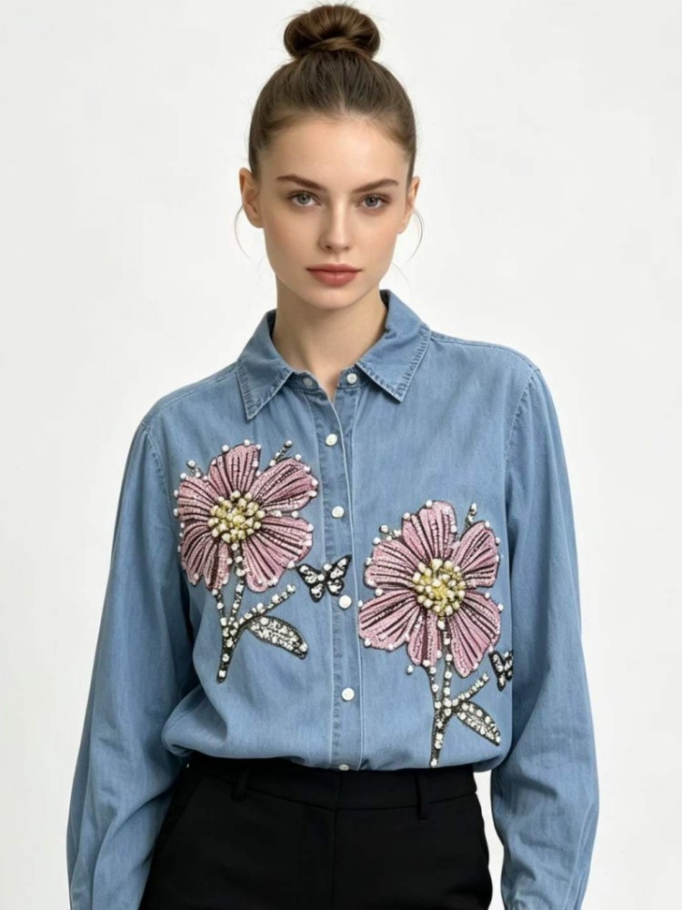 Blusas de Denim com Bordado pa - Embroidery Blouse avaliação e preço