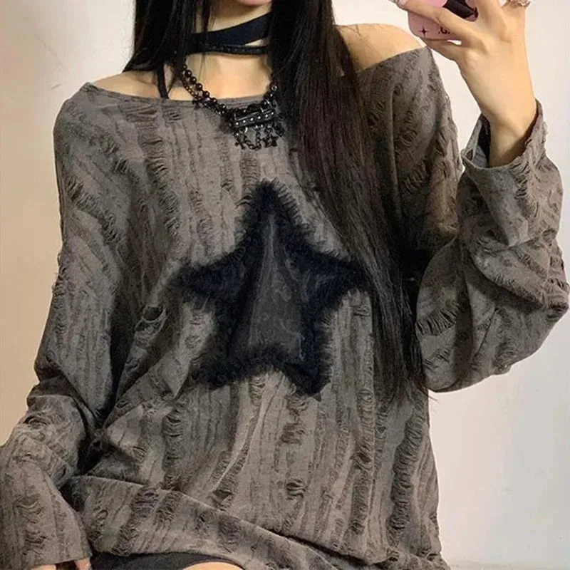 Y2k buraco estrela impressão c - Embroidery Blouse avaliação e preço